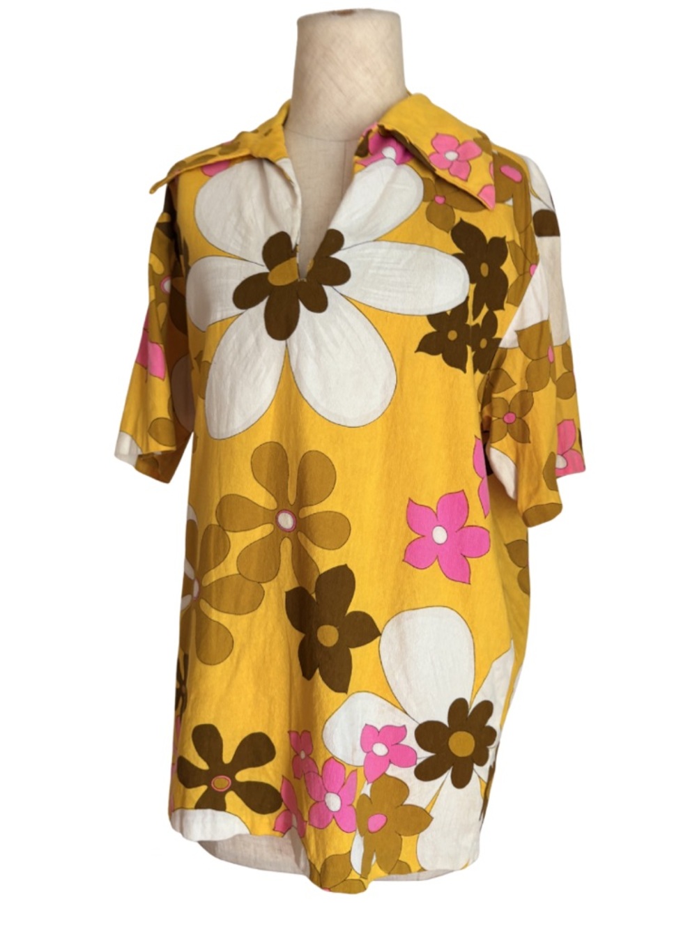vtg 60s barkcloth floral tunic top retro psych  neon yellow pink short sleeve